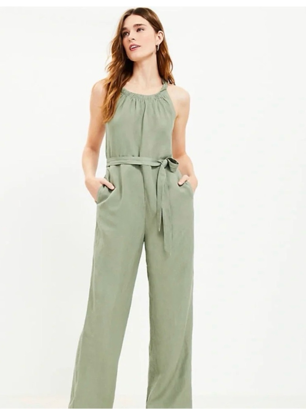 LOFT Green Linen-blend Sleeveless Tie-Waist Jumpsuit